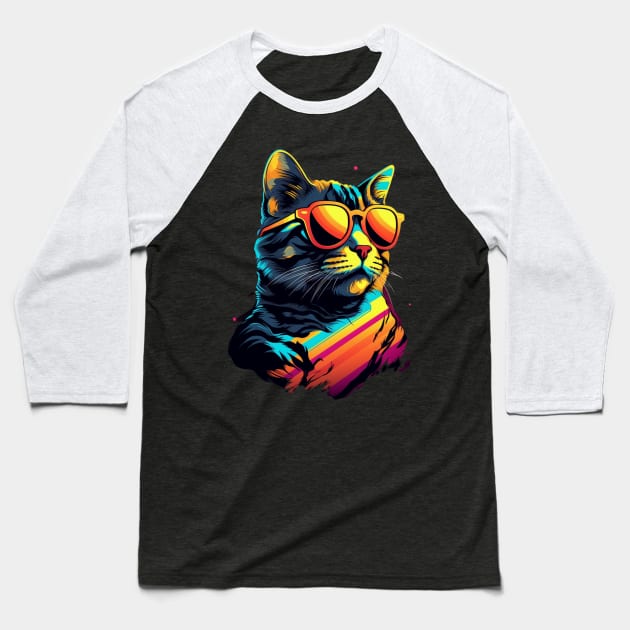 Retro Wave Bengal Cat Shirt Baseball T-Shirt by Miami Neon Designs